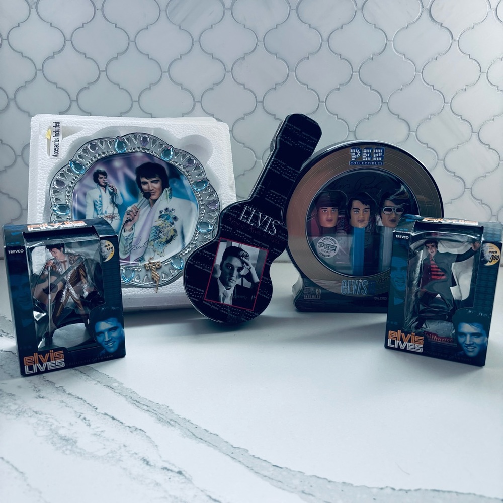 Elvis Bundle: Pez Tin, Jewel of Vegas Plate, 2 Ornaments, Tin